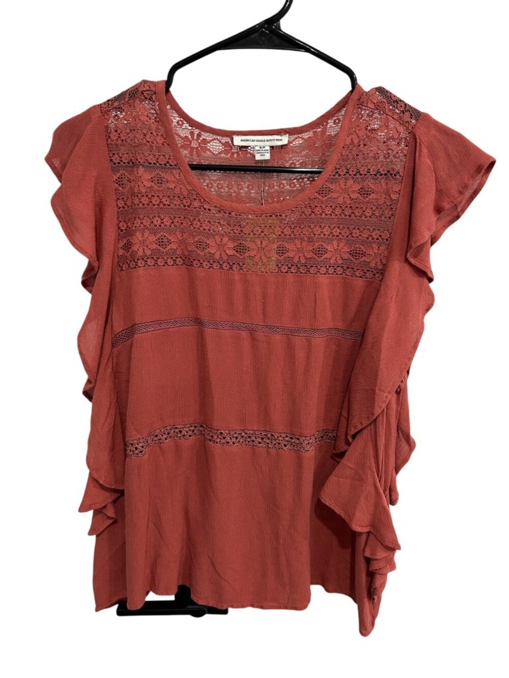 American Eagle Outfitters Small Flutter Sleeve Lace Blouse Rust Ruffle Boho NWT - Picture 1 of 11